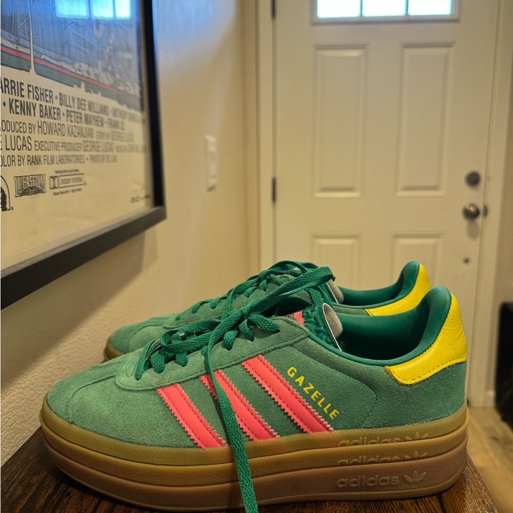 adidas Gazelle Platform Sneakers - Green with Pink and Yellow Accents - Picture 4 of 5